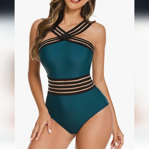 SWIMWEAR FOR WOMEN 1 PIECE TEAL TUMMY CONTROL HIGH WAISTED - Picture 5 of 7